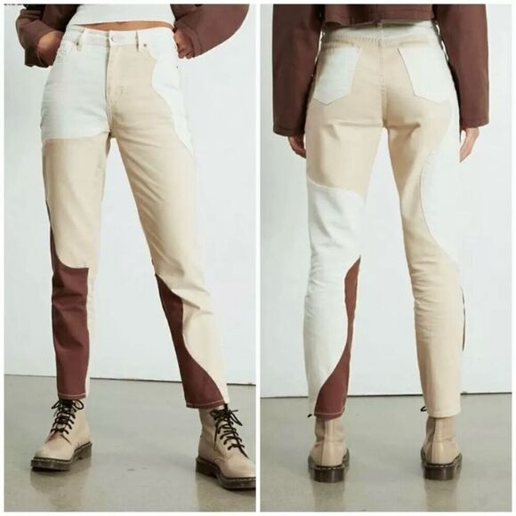 Pacsun Paneled Mom Jean Eco Tan Brown Cream Ginger Pane Relaxed Women 25 NWT - Picture 1 of 8